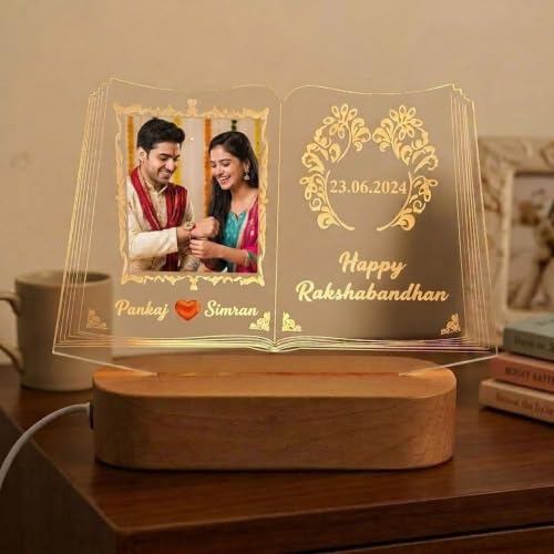 Image of Personalized 3D Illusion LED Table Lamp Book Shape Customized Photo Lamp for Couple Gift Anniversary, Wedding, Marriage, Valentine Day- Your Wooden Base Text Egraved, Brother Sister
