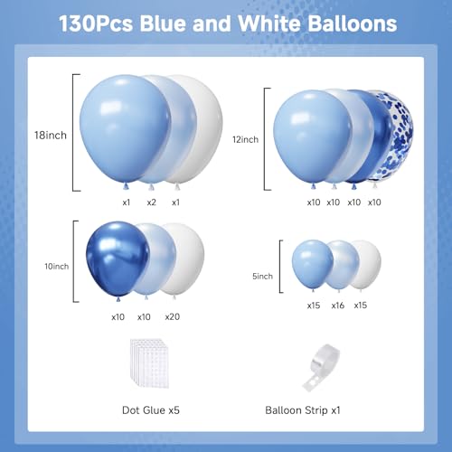 Image of Light Blue Balloons Arch Kit,130pcs Blue and White Balloon Garland,Different Sizes 18 12 10 5 Inch Baby Blue Latex Balloons for Birthday Wedding Baby Shower Graduation Blue Themed Party Decorations