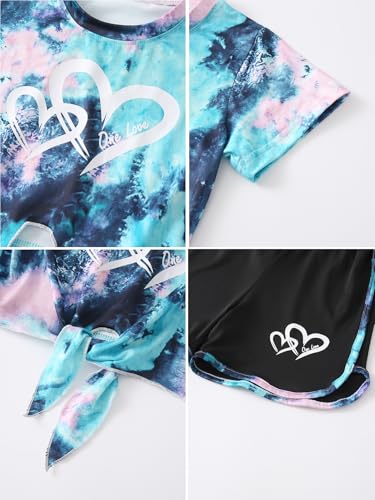 Image of Girls 6 Pieces Summer Outfits Casual Short Sleeve Tee Tops and Dolphin Shorts Set 4-12Y