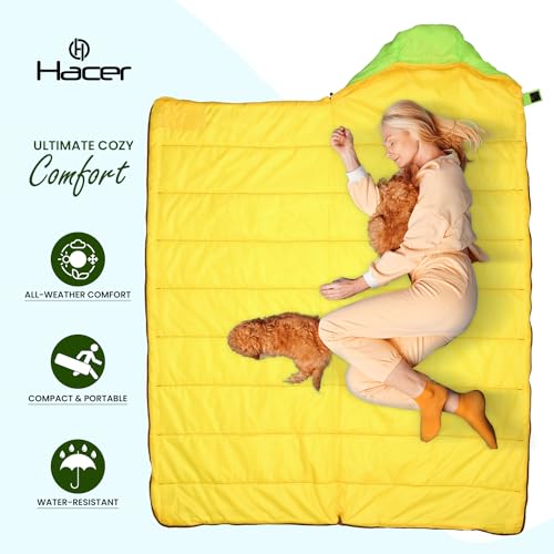 Image of Hacer HC-1500 3in1 Camping Sleeping Bag Open Comforter & Mattress +2 Degree Winter 210T Polyester Lining Hiking Trekking Bags for Baby, Adults Men & Women (7ft, Yellow & Black, 2C to +5C, 1.6kg)