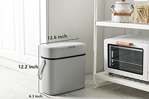LikeU Plastic Trash Can with Lid,12L/3.2 Gallon Garbage Can,Modern Grey Waste Basket Thin Trash Cans with Handles for Bathroom,Living Room,Office,Kitchen and Narrow Spaces