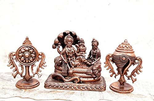 Image of Copper Idols of god Vishnu Along with Mahalakshmi Lying in adisesha Sanghu Chakram, 2.3 inches,320 Grams, Patina Antique Finish, Pack of 3 Piece