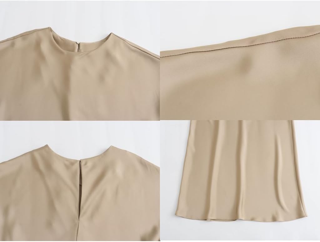 Casual Damen Sommer Seide Satin Midikleid Mit Flügelärmeln Elegt Rundhalsausschnitt Schlitz Cocktail Hochzeitsgast A-Linie Kleider, Khaki, M