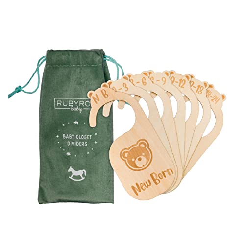Image of RubyRoo Baby Closet Dividers - Nursery Closet Organizer Hangers for Baby Clothing - Premium Wood Infant Size Age Hanging Closet Organizer - Kid Closet Decor - Engraved Style