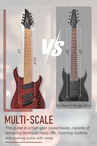 Image of AKLOT Multi-Scale 8-String Electric Guitar: Roasted Maple Neck with String-Through Bridge Electric Guitars Kit with Okoume Body, HH Pickup, Gig Bag, Strap, String Mute, Distortion Pedal, XRN-8 TB