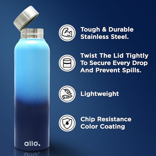 Image of Allo Stainless Steel Water Bottle For Adults, Kids 1 Litre Water Bottles For School, Office, Sports, Gym 1L Water Bottle For Men And Women, Pack Of 2| Leak Proof, Bpa Free, Light & Dark Blue Steel Cap