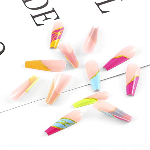 Sethexy Long Nude Pink Ballerina False Nail Multi Color Bling Coffin Fake Nails Press On 24Pcs Acrylic Art Nail Tips For Women And Girls #TOP4