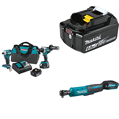 Makita XT288T 18V LXT Lithium-Ion Brushless Cordless 2-Pc. Combo Kit (5.0Ah), BL1860B 18V LXT Lithium-Ion 6.0Ah Battery, and XRW01Z 18V LXT Lithium-Ion Cordless 3/8