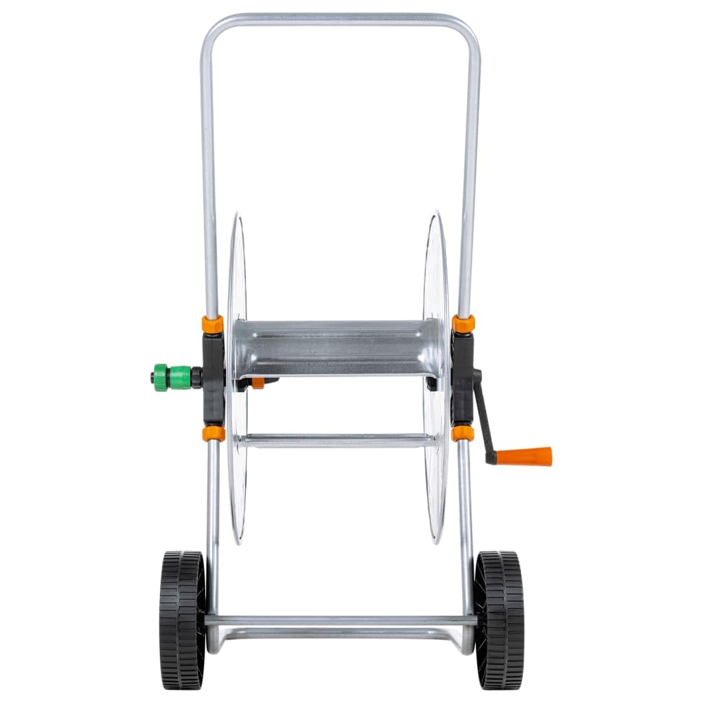 Stahl Schlauchwagen für 110 m 1/2" oder 80 m 3/4" Schlauch, verzinkte Konstruktion mit Rädern und abgewinkeltem Anschluss für knickfreie Handhabung