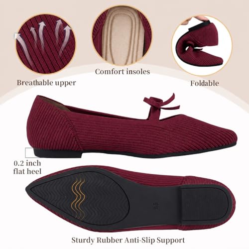 Image of TINGRISE Women's Pointed Toe Flats Comfortable Knit Ballet Shoes Washable Dressy with Bow Business Casual Work Shoes