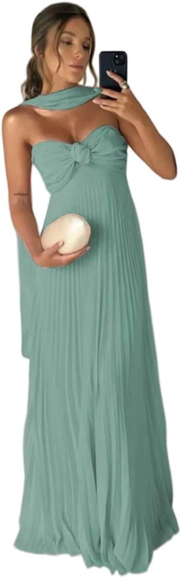 Women's Chiffon Bridesmaid Dress Long Sweetheart Prom Dresses 2026 A-Line Pleated Wedding Guest Gown with Scarf