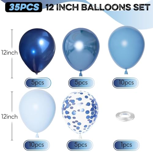 Image of Blue Balloons, 12 Inch Double Stuffed Metallic Light Blue Mixed Latex Balloon, Chrome Dark Navy Confetti Helium Balloons for Boys Men Birthday Baby Shower Graduation Space Theme Party Decorations