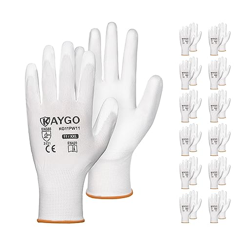 Image of KAYGO Safety Work Gloves for Men Women, PU Coated Palm & Fingers, KG11P | Smooth Grip, Breathable & Lightweight, 13-Gauge Seamless Knit, for Light Warehouse, Manufacturing, Gardening