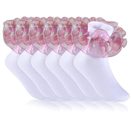 KOSIWEGO 6 Pairs Girls White Ruffle Socks Toddler Big Double Shimmering Lace Turn Cuff Dress Socks (US, Alpha, Medium, Pink)