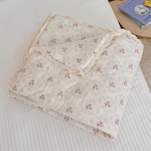 Image of BuLuTu Double-Layer Cotton Muslin Toddler Quilted Blanket, Romantic Floral Design Baby Girls Crib Comforter with Lace Edges, Soft Lightweight Kids Quilt, 47 inchx59 inch, Begonia Print
