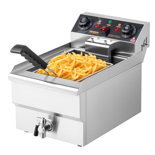 ROVSUN 12.5QT Electric Deep Fryer w/Frying Basket, Timer, Drain, & Lid, Stainless Steel Commercial Countertop Single Tank Oil Fryer, Adjustable Temperature, for French Fries Onion Rings, 1700W