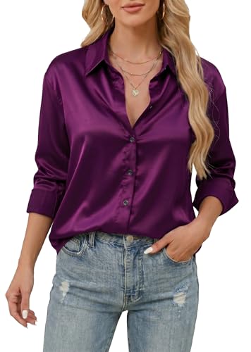 Stamain Damen Satinbluse Seide V-Ausschnitt Seidenbluse Elegant Hemden Langarm Business mit Knöpfen Lila Langarmshirt Lose Oberteile S