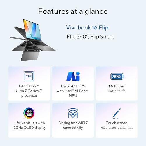 Image of ASUS Vivobook 16 Flip Laptop, Copilot+ PC, 16 inch OLED 3K 120Hz Touch Display, Intel Core Ultra 7 256V, Intel Arc Graphics, 16GB Memory, 512GB SSD, Matte Gray, TP3607SA-DS74T