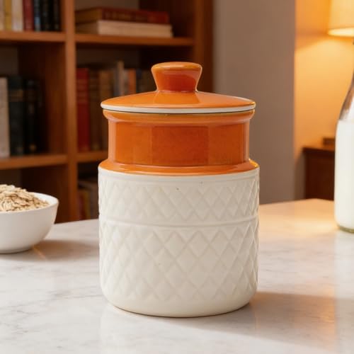 Image of Ceramic Storage Jar with Lid | Orange & White Textured Kitchen Container for Tea, Coffee, Sugar, Snacks & Dry Storage | Decorative Countertop Jar