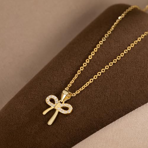 Image of Reffeer Solid 925 Sterling Silver CZ Bow Necklace Chain for Women Teen Girls Crystal Bow Pendant Necklace Choker Bowknot