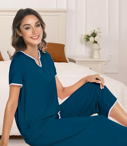 Image of NACHILA Women's Pajamas Set-Viscose Made from Bamboo,Short Sleeve Sleepwear Soft Pjs with Capri Pants Loose Loungewear