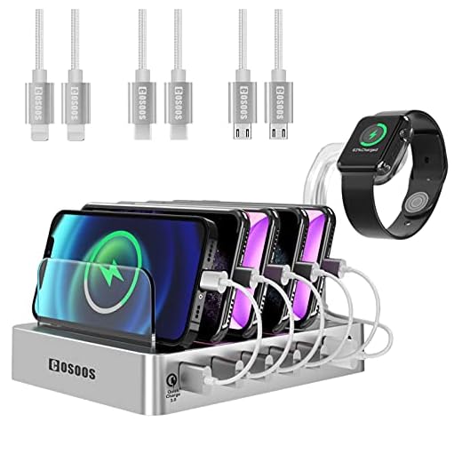 COSOOS Fastest Charging Station with Quick Charge 3.0, 6 Phone Charger Cables(3 Type),lWatch Stand,6-Port USB Charger Station,Charging Station for Multiple Devices,Tablet,Kindle(Silver,UL Certified)