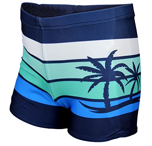 Aquarti Jungen Badehose Gestreift mit Motiven, Farbe: Dunkelblau/Grün/Palmen, Größe: 128