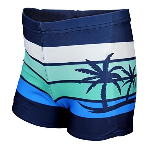 Aquarti Jungen Badehose Gestreift mit Motiven, Farbe: Dunkelblau/Grün/Palmen, Größe: 128
