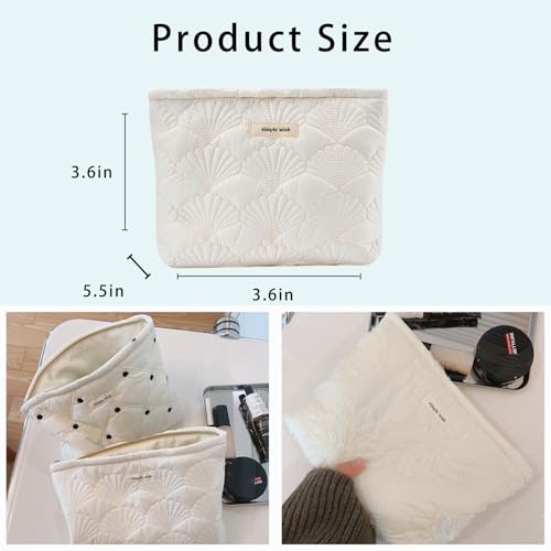 uekeboag White Quilted Cotton Makeup Pouch,Coquette Quilted Toiletry Bag for Women and Girls, Floral Coquette Organizer Bag, Aesthetic Travel Cosmetic Bags(03White Shells)2