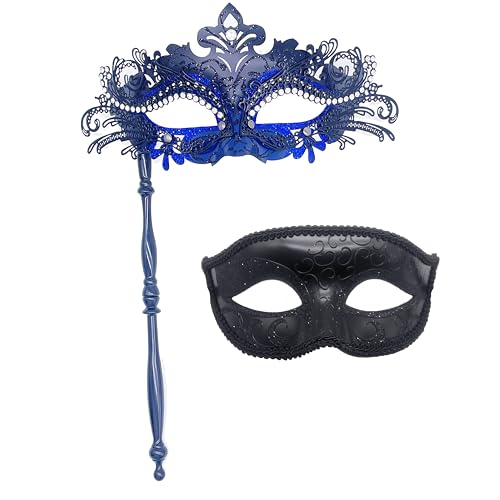 Geek-M Couple Masquerade Mask with Stick Women Men Mardi Gras Mask Costume Masks for Venetian Party Christmas Festival (Blue)