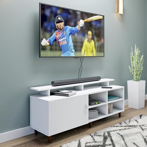Image of VIKI Modern TV Unit for Living Room | Engineered Wood TV Cabinet with 1 Door Storage, 2 Open Shelves & Extension, Entertainment Unit, 140W x 48H x 40D cm | DIY | 1 Year Warranty (White)