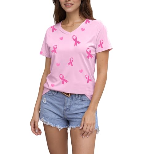 Eatbook Breast Cancer Shirts for Women Pink Ribbon Graphic V Neck Tee Tops — view 4