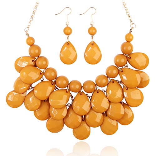 RIAH FASHION Chunky Acrylic Jewel Cluster Floating Bubble Statement Necklace - Teardrop Dangle Layered Bib Collar (Mustard Yellow)