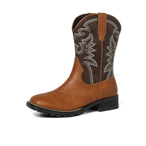 Amoji Square Toe Men Cowboy Boots Western Boot Classic Embroidered Pull On Country Boots Brown 10 Men