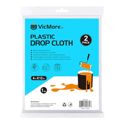 VicMore Clear Plastic Drop Cloths - Water & Dustproof, Odorless Plastic Sheet for Renovations, DIY Projects - Durable Paint Tarp with 1mil Thickness - Floor Covering & Dust Cover - 4 x 12’ - 2 Pack