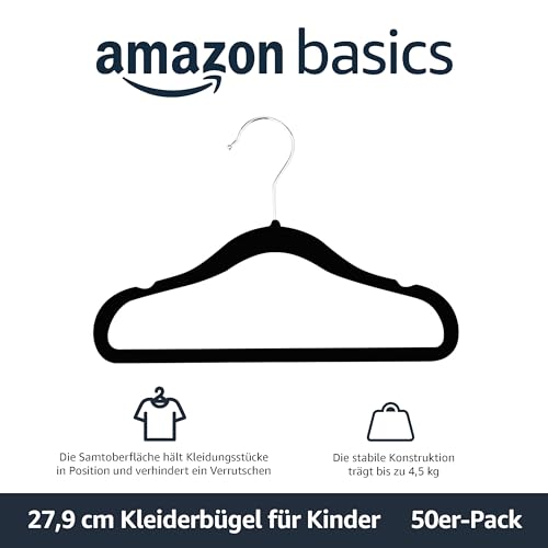 Amazon Basics Kinder-Kleiderbügel, Samtbeschichtet, Rutschfest, 29,5cm, 50er-Pack, Schwarz – Ansicht 2