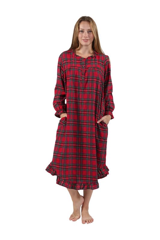 LA CERA Women's Long Sleeve Ruffle Neck Tartan Plaid 100% Cotton Flannel Nightgown with Front Button Closure