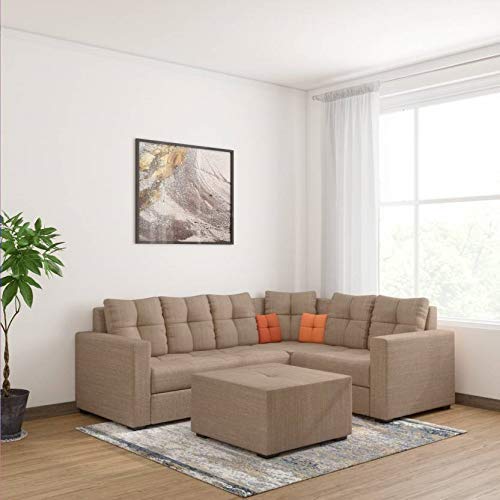 Lillyput Interio Fabric 6 Seater Wood Sofa (Standard Size, Cream and Orange)