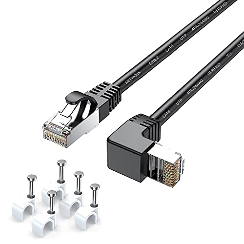 Cat 6 Shielded Ethernet Cable 90 Degree Right Angle & FTP CAT6 Network Cable-10FT RJ45 gigabit Internet Cable Black(10Feet Up Angle,)