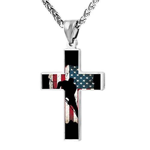 Cool Design Hockey Player with Puck in Front of American Flag Zinc Alloy Religious Cross Pendant Necklace