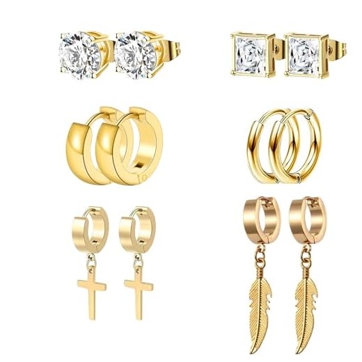 HinDaLi 6 Paar Edelstahl Ohrringe für Herren Damen Männer Gold Ohrringe Creolen mit Feder Kreuz Anhänger Diamant Ohrstecker Herren Klein Ohrring Stecker Damen Set