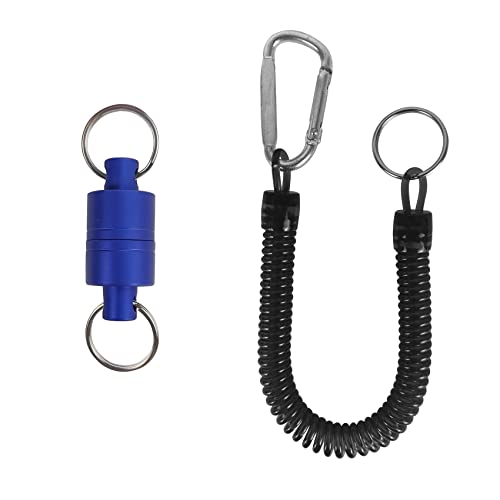 Aventik Magnetic Net Release Ultra-Strong Keychain Fly Fishing Net Retractor with Coiled Lanyard Carabiner Clip (Blue)
