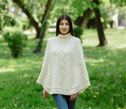 Image of SAOL 100% Merino Wool Cable Knit Ladies Irish Aran Poncho Cardigan