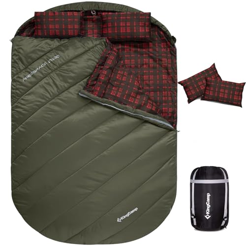KingCamp Double Sleeping Bag for Adults, Queen Size 2 Person XXL Flannel Sleeping Bag, Lightweight Waterproof with 2 Pillows & Compression Sack for Couples & Family Camping, Olive
