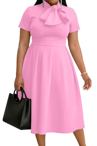 Image of FANDEE Midi Dress for Women Casual Short Sleeve A-line Semi Formal Fit and Flare Dress Classy Tie Neck Work Business Dresses