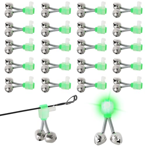 NYXOVA 20 Pack Clip-On Fishing Bells, Dual Ring Bite Alarms with Glow Tips for Nighttime and Ice Fishing Rods