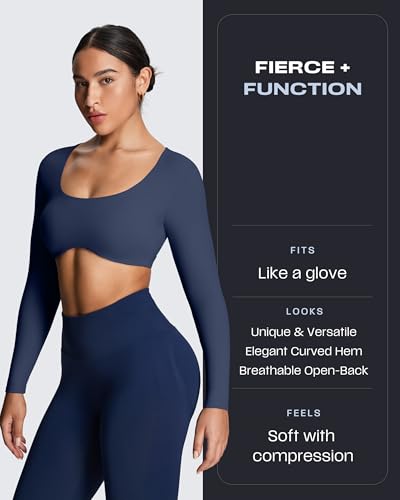 Image of Aoxjox Women's Define Sculpt Long Sleeve Crop Tops | buttery soft fabric,curved hem,hollow back, low support, removable pads, workouts,yoga,gym, daily wear