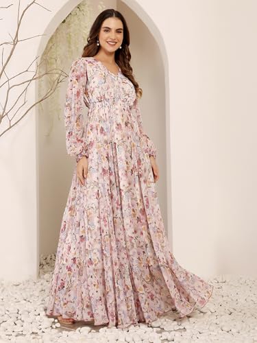 Image of Miss Chase Women Pleated V Neck Full Sleeves Relaxed Fit Midi Length Dress