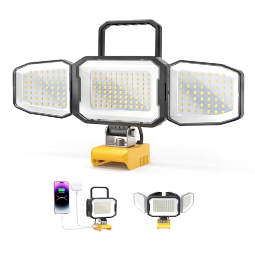 LED Work Light Compatible with DeWalt 20V Battery 150W 15000LM Flood Light 6500K Daylight 3-Head Adjustable USB Type-C&2 Brightness Modes Portable Flashlight Job Site Light (Tool Only)