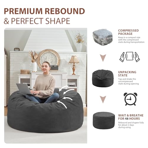4FT Bean Bag Chair, Large Bean Bag Chairs with Memory Foam Filled, Fluffy Beanbag Sofa with Dutch Velvet Cover, Round BeanBag Chairs for Living Room, Playroom - Grey